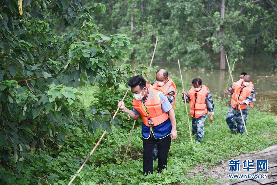 7月14日，中建三局的建设者在长江武金堤上巡查。新华社记者 肖艺九 摄